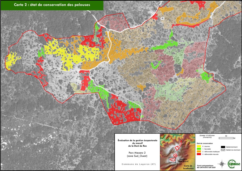 Carte de l'état de conservation des pelouses (Ardèche)